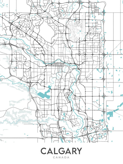 Moderne Stadtkarte von Calgary, AB: Innenstadt, Calgary Tower, Prinz-Insel-Park, Crowchild Trail, Glenmore Trail 