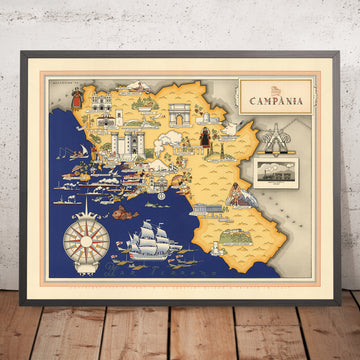 Antigua Mapa Pictórico de Campania por De Agostini, 1938: Pompeya, Herculano, Costa de Amalfi, Vesubio, Cilento y Vallo di Diano 