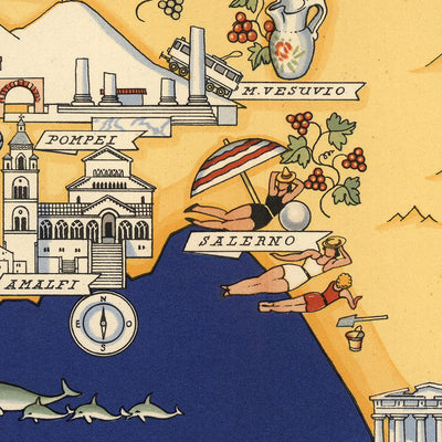 Alter bildlicher Stadtplan von Kampanien von De Agostini, 1938: Pompeji, Herculaneum, Amalfiküste, Vesuv, Cilento & Vallo di Diano 