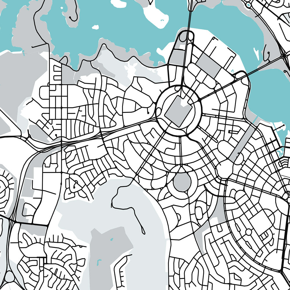 Mapa moderno de la ciudad de Canberra, Australia: Memorial de Guerra, Galería Nacional, Lago Burley Griffin, Civic, Parkes Way