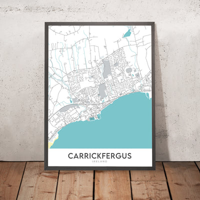 Mapa moderno de la ciudad de Carrickfergus, Irlanda del Norte: Castillo de Carrickfergus, Belfast Lough, A2, Eden, Woodburn 