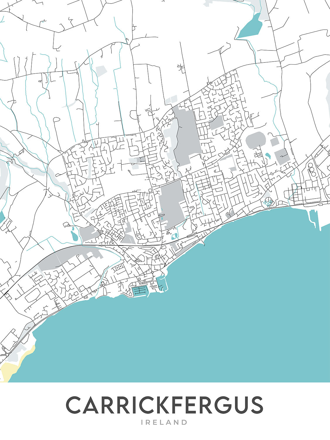 Mapa moderno de la ciudad de Carrickfergus, Irlanda del Norte: Castillo de Carrickfergus, Belfast Lough, A2, Eden, Woodburn 