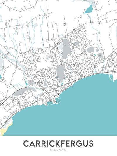 Mapa moderno de la ciudad de Carrickfergus, Irlanda del Norte: Castillo de Carrickfergus, Belfast Lough, A2, Eden, Woodburn 