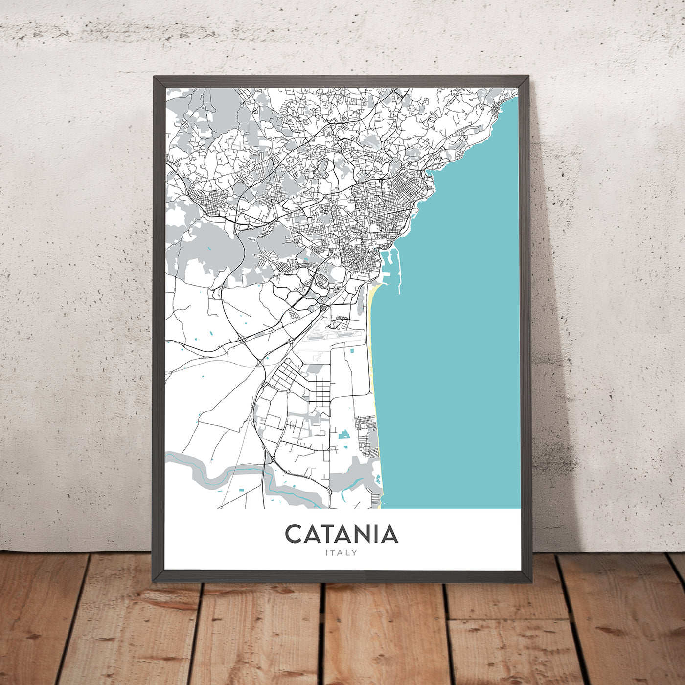 Mapa moderno de la ciudad de Catania, Italia: Catedral, Biscari, Fuente del Elefante, Teatro Bellini, Castillo Ursino