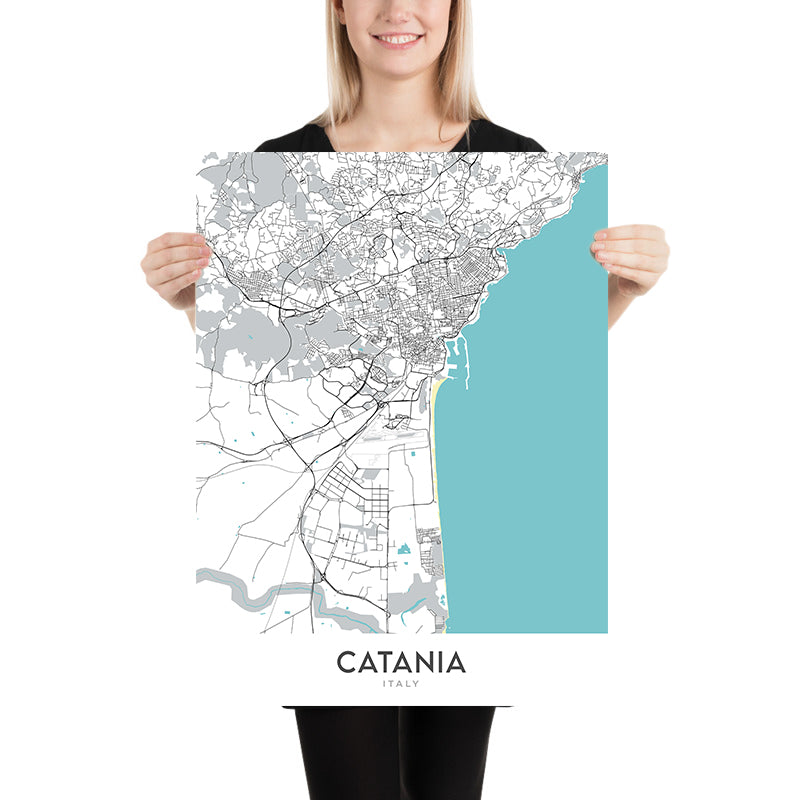 Mapa moderno de la ciudad de Catania, Italia: Catedral, Biscari, Fuente del Elefante, Teatro Bellini, Castillo Ursino