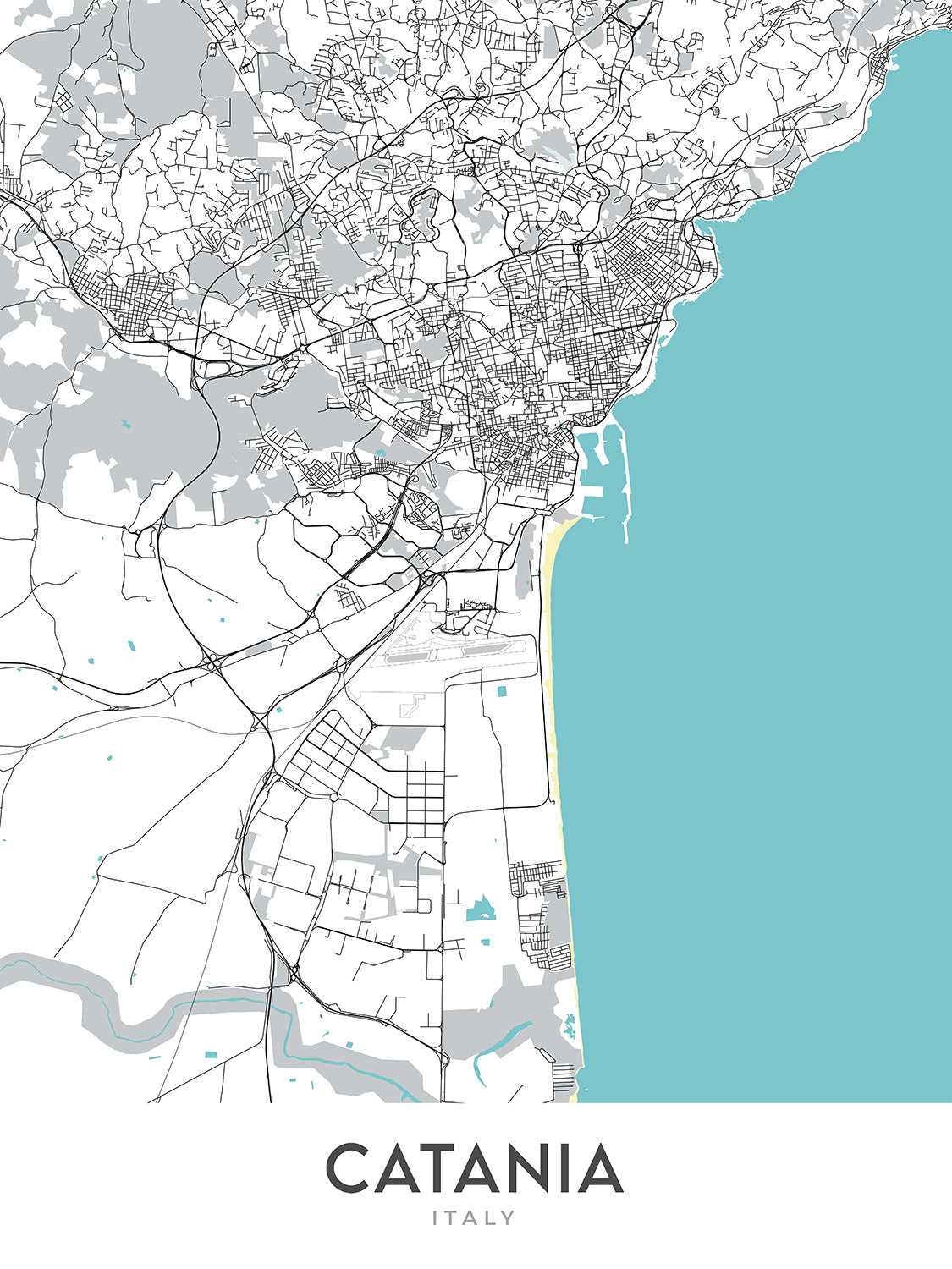 Mapa moderno de la ciudad de Catania, Italia: Catedral, Biscari, Fuente del Elefante, Teatro Bellini, Castillo Ursino