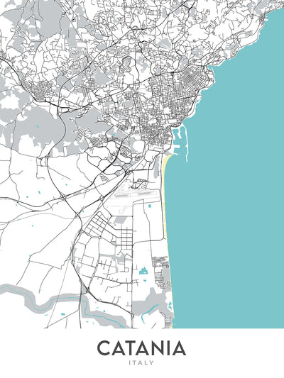 Mapa moderno de la ciudad de Catania, Italia: Catedral, Biscari, Fuente del Elefante, Teatro Bellini, Castillo Ursino