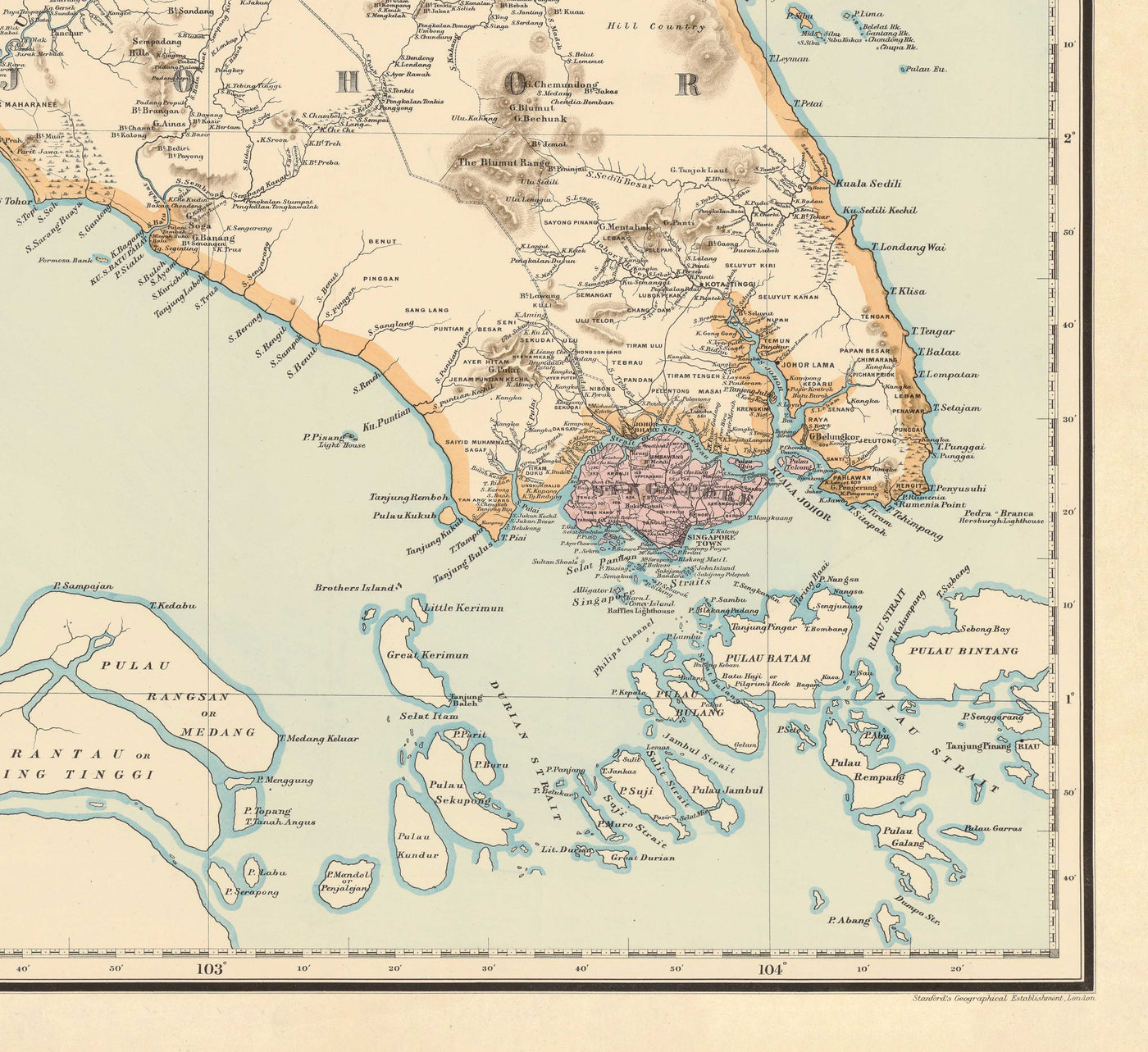 Old Map of the Malay Peninsula in 1898 by Cuylenburg & Stanford - Malaysia, Thailand, Singapore, Johor, Malacca