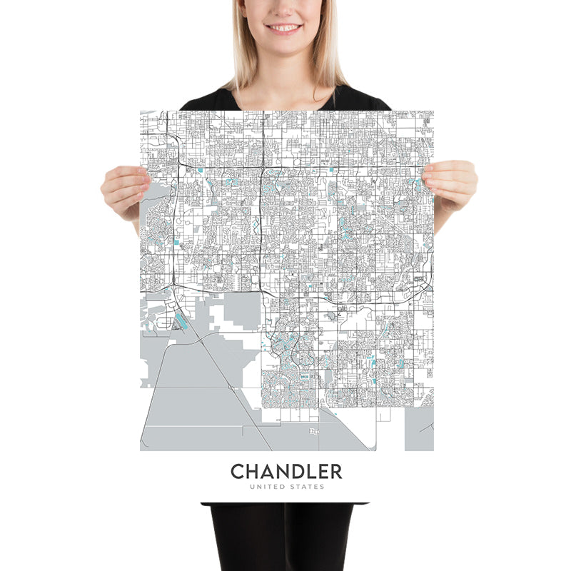 Plan de la ville moderne de Chandler, Arizona : centre-ville, Ocotillo, AZ-101, AZ-202, Chandler Fashion Center