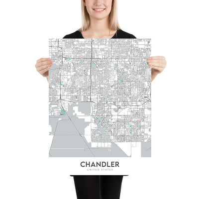 Plan de la ville moderne de Chandler, Arizona : centre-ville, Ocotillo, AZ-101, AZ-202, Chandler Fashion Center