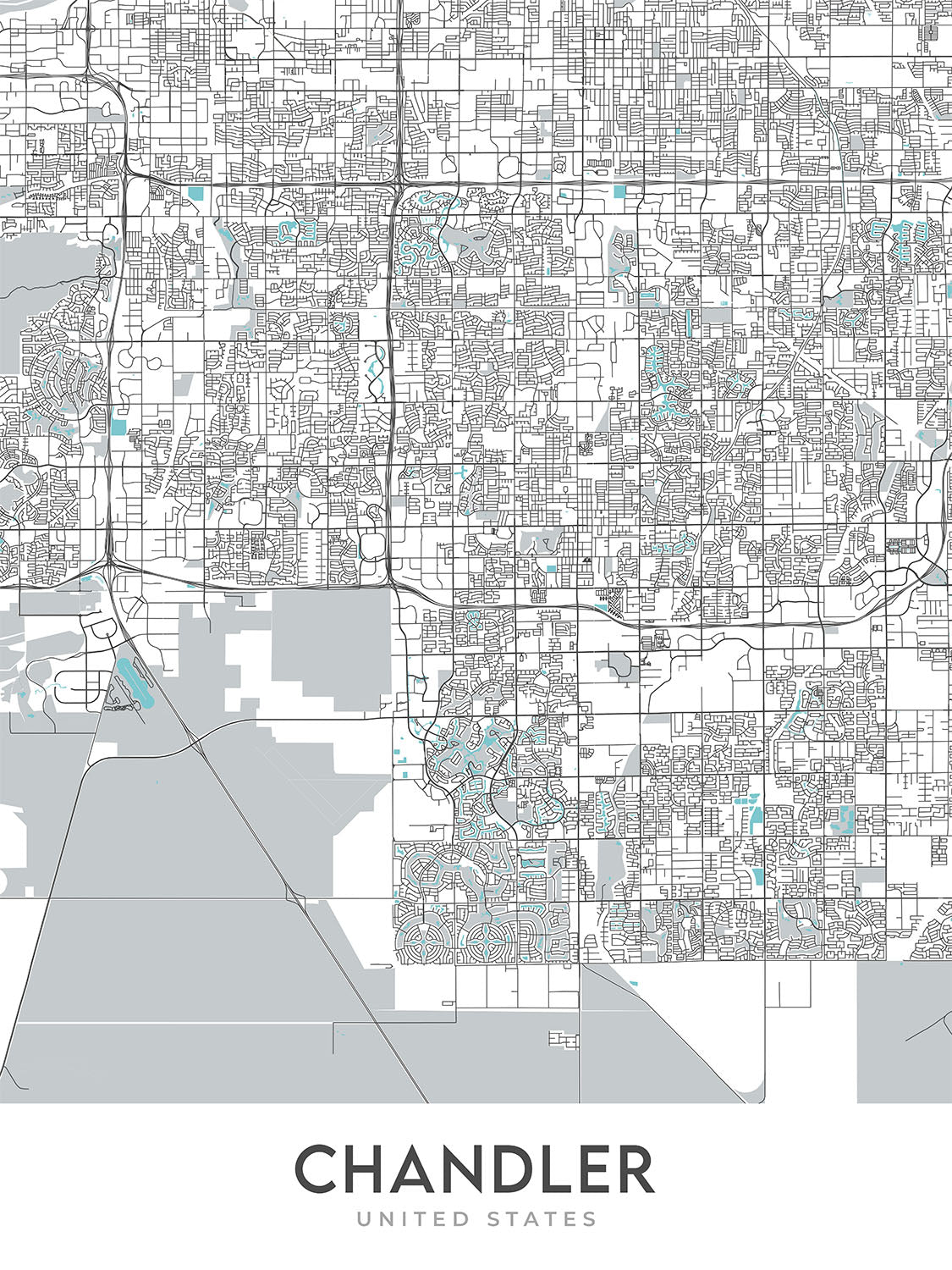 Plan de la ville moderne de Chandler, Arizona : centre-ville, Ocotillo, AZ-101, AZ-202, Chandler Fashion Center