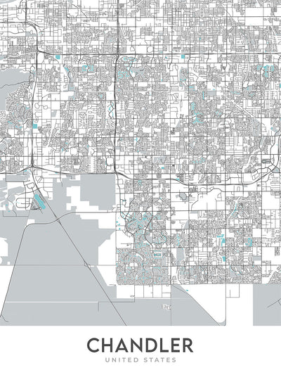Plan de la ville moderne de Chandler, Arizona : centre-ville, Ocotillo, AZ-101, AZ-202, Chandler Fashion Center