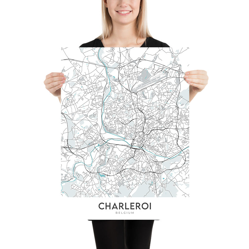 Mapa moderno de la ciudad de Charleroi, Bélgica: centro de la ciudad, aeropuerto, estadio, universidad, museo