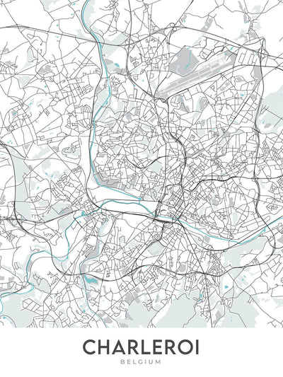 Mapa moderno de la ciudad de Charleroi, Bélgica: centro de la ciudad, aeropuerto, estadio, universidad, museo