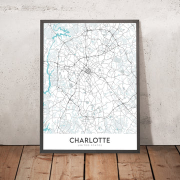 Mapa moderno de la ciudad de Charlotte, NC: NoDa, South End, Universidad de N. Carolina, I-485, I-77 