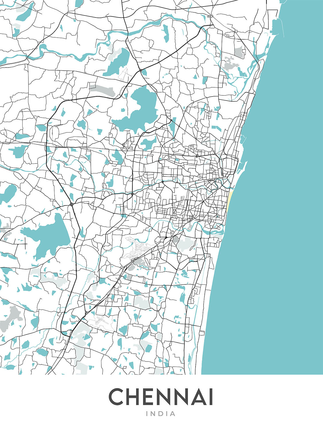 Mapa moderno de la ciudad de Chennai, India: Marina Beach, Fort St. George, T. Nagar, Anna Salai, Mylapore