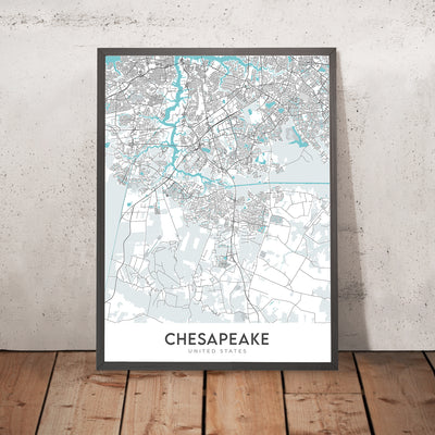 Carte moderne de la ville de Chesapeake, VA : baie de Chesapeake, Norfolk, Grand marais désolant, I-64 