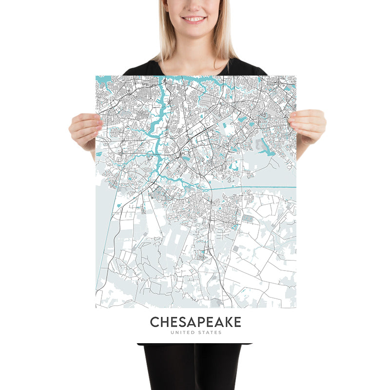 Carte moderne de la ville de Chesapeake, VA : baie de Chesapeake, Norfolk, Grand marais désolant, I-64 