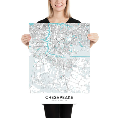 Carte moderne de la ville de Chesapeake, VA : baie de Chesapeake, Norfolk, Grand marais désolant, I-64 
