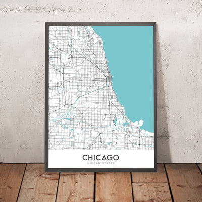 Mapa moderno de la ciudad de Chicago, IL: Wrigley Field, Willis Tower, Lake Michigan, The Loop, Magnificent Mile