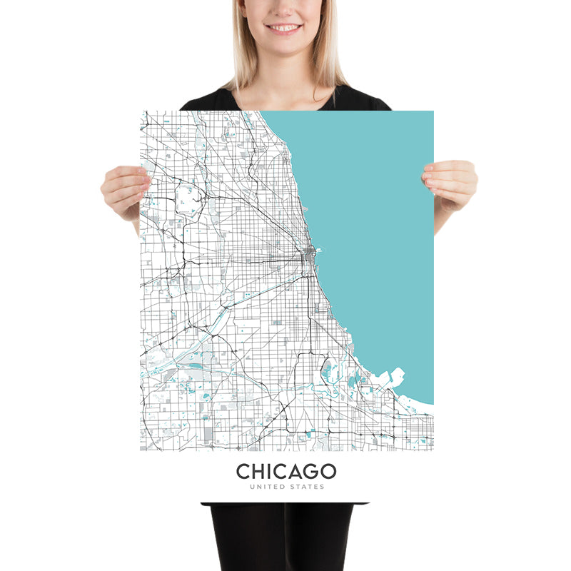 Mapa moderno de la ciudad de Chicago, IL: Wrigley Field, Willis Tower, Lake Michigan, The Loop, Magnificent Mile