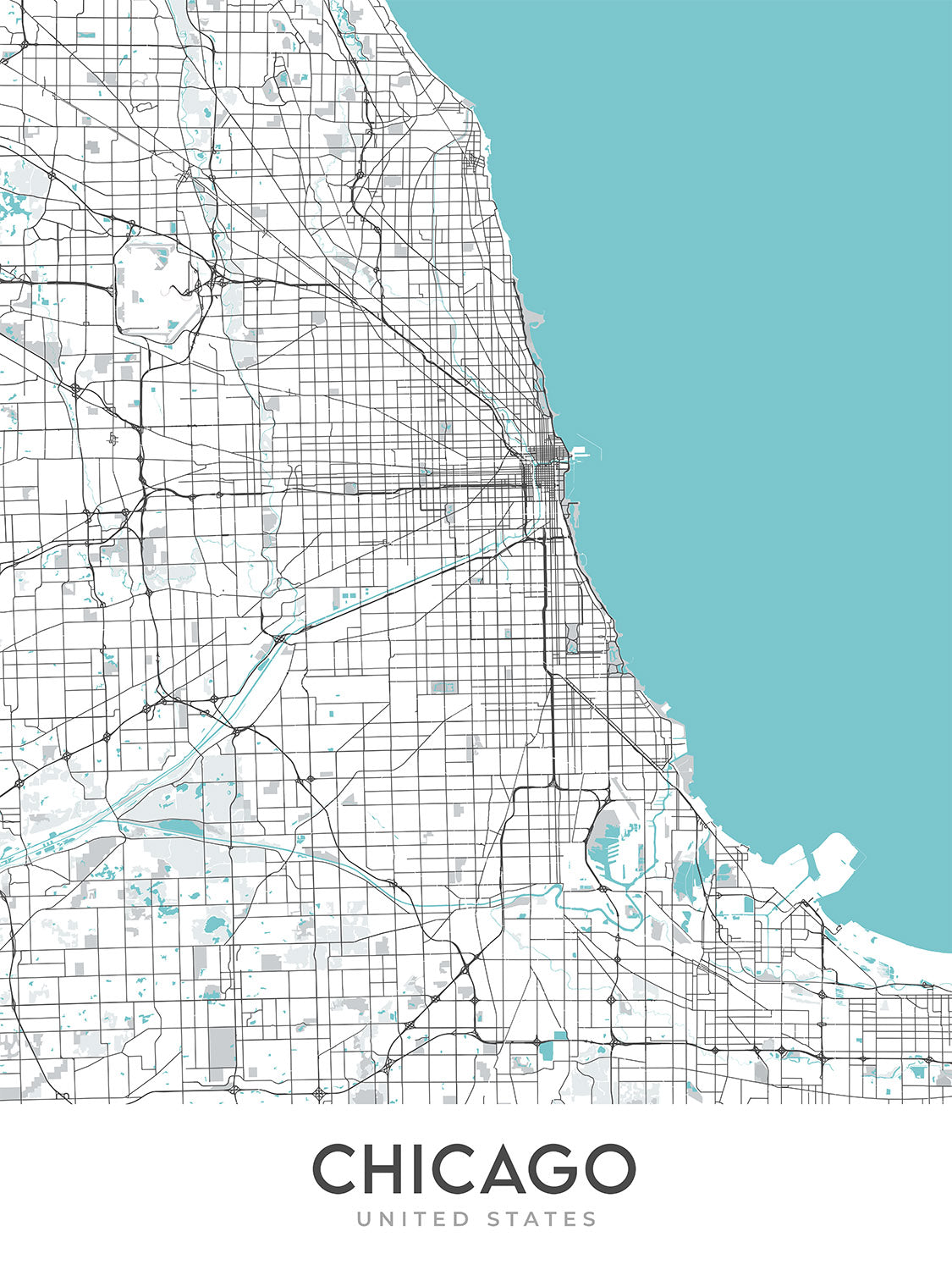 Mapa moderno de la ciudad de Chicago, IL: Wrigley Field, Willis Tower, Lake Michigan, The Loop, Magnificent Mile
