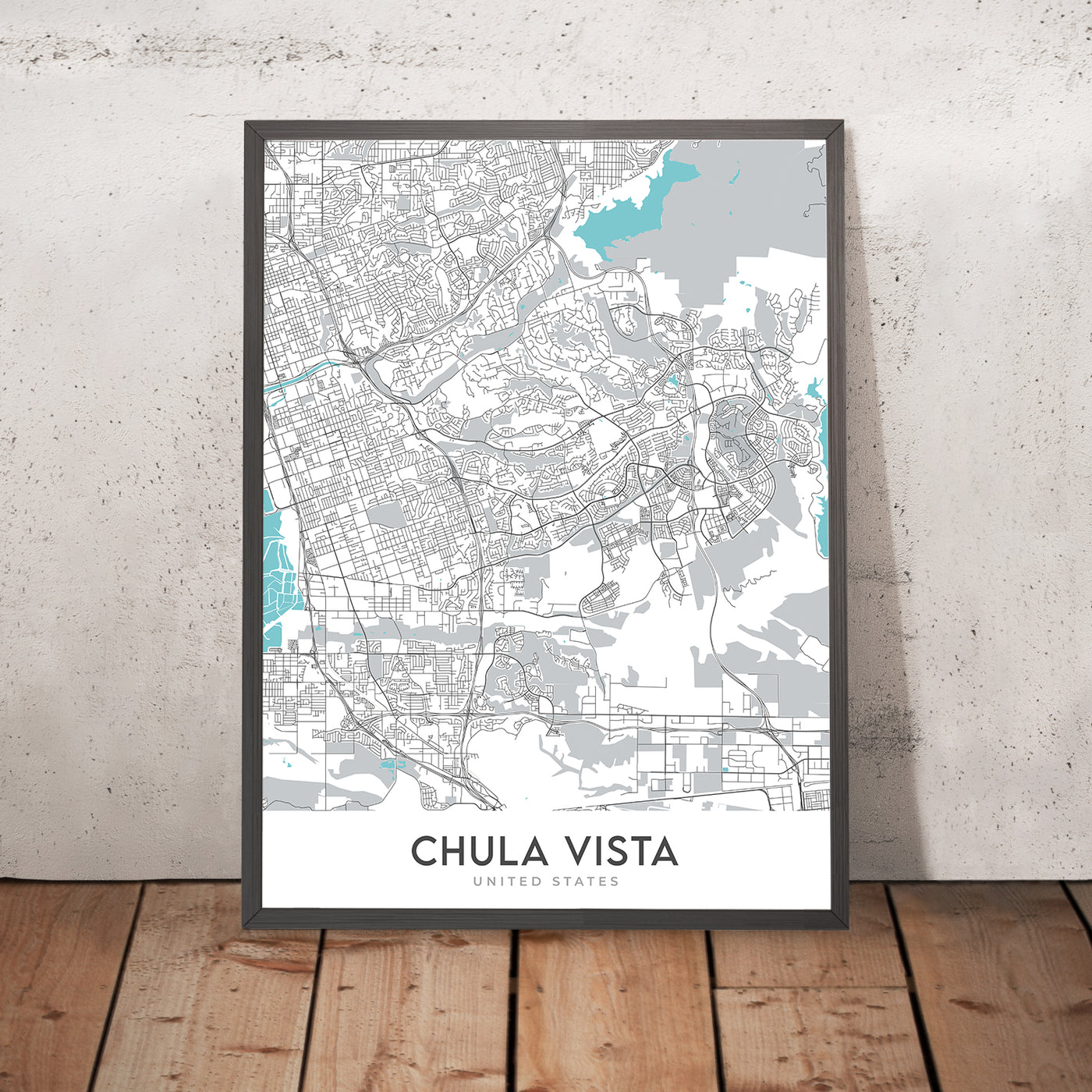Plan de la ville moderne de Chula Vista, Californie : Castle Park, Eastlake, Interstate 5, Interstate 805, baie de San Diego