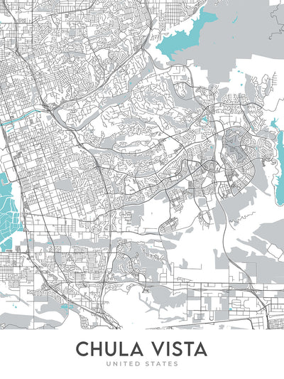 Plan de la ville moderne de Chula Vista, Californie : Castle Park, Eastlake, Interstate 5, Interstate 805, baie de San Diego