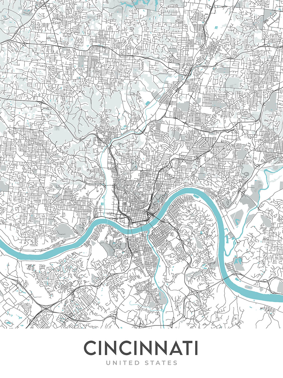 Modern City Map of Cincinnati, OH: Over-the-Rhine, Great American Ball Park, Museum Center, I-71, I-75