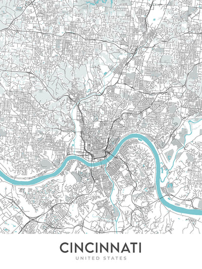 Modern City Map of Cincinnati, OH: Over-the-Rhine, Great American Ball Park, Museum Center, I-71, I-75