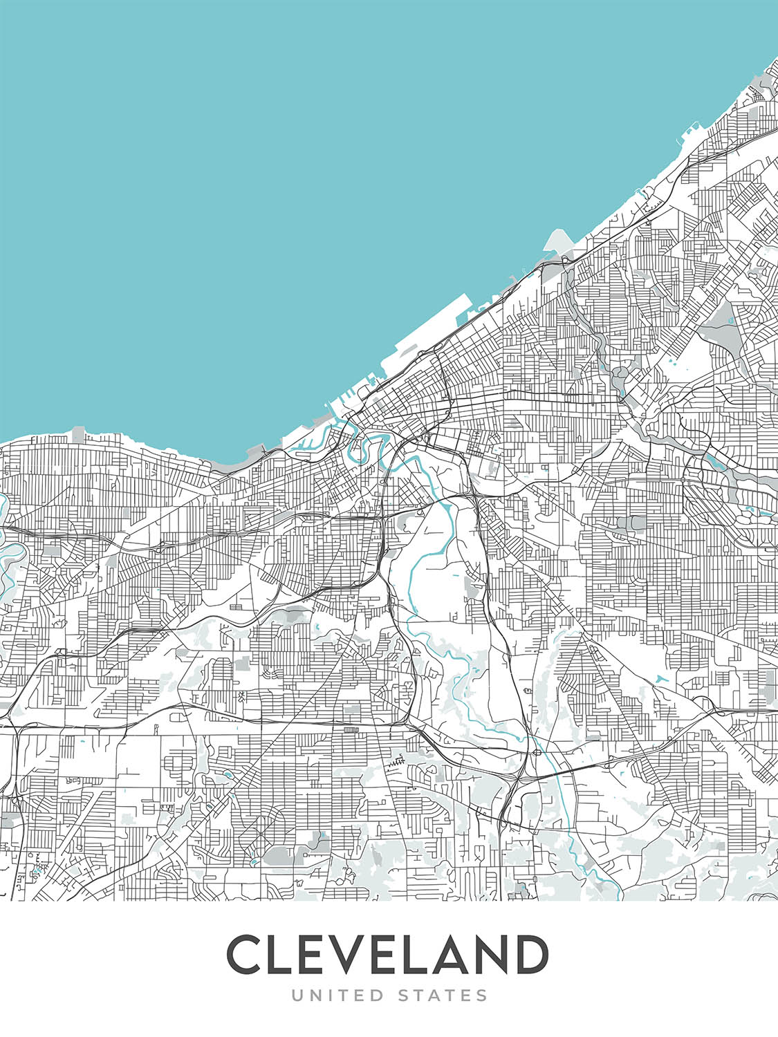 Modern City Map of Cleveland, OH: Ohio City, Tremont, University Circle, Rock and Roll Hall of Fame, I-90