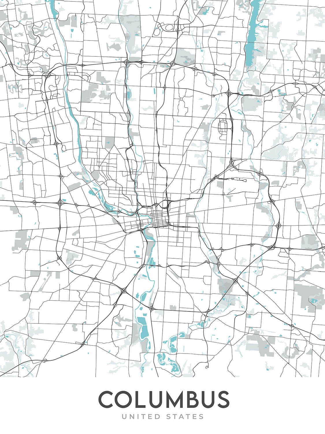 Moderne Stadtkarte von Columbus, OH: Victorian Village, German Village, Ohio State University, I-70, I-71 