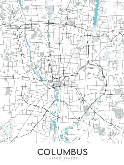 Moderne Stadtkarte von Columbus, OH: Victorian Village, German Village, Ohio State University, I-70, I-71 