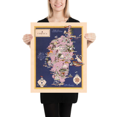 Old Pictorial Map of Corsica, 1938: Bastia, Ajaccio, Calvi, Corte, Porto-Vecchio
