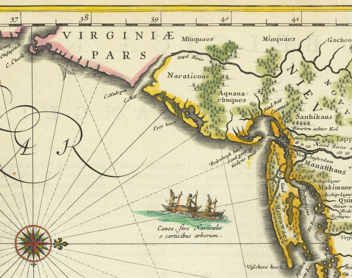 Mapa antiguo de Nueva Holanda y Nueva Inglaterra en 1640 por Willem Blaeu - Manhattan, Providence, Nueva York, Boston, Nueva Jersey