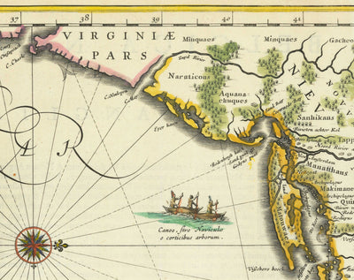Mapa antiguo de Nueva Holanda y Nueva Inglaterra en 1640 por Willem Blaeu - Manhattan, Providence, Nueva York, Boston, Nueva Jersey