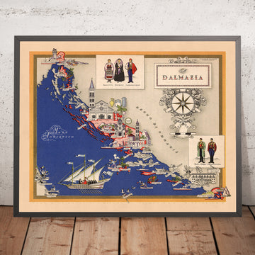 Antigua mapa de Dalmacia, Croacia por De Agostini, 1938: Reino de Italia, Split, Zara, Sebenico, Ragusa, Cattaro 