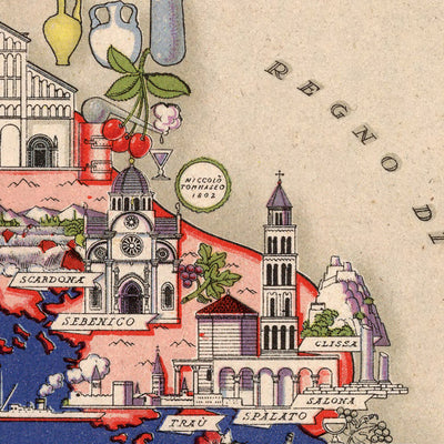 Antigua mapa de Dalmacia, Croacia por De Agostini, 1938: Reino de Italia, Split, Zara, Sebenico, Ragusa, Cattaro 