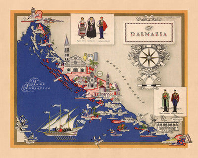 Antigua mapa de Dalmacia, Croacia por De Agostini, 1938: Reino de Italia, Split, Zara, Sebenico, Ragusa, Cattaro 