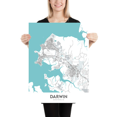 Modern City Map of Darwin, NT: Darwin City, Stuart Hwy, Mindil Beach, Darwin Waterfront, Darwin Botanic Gardens
