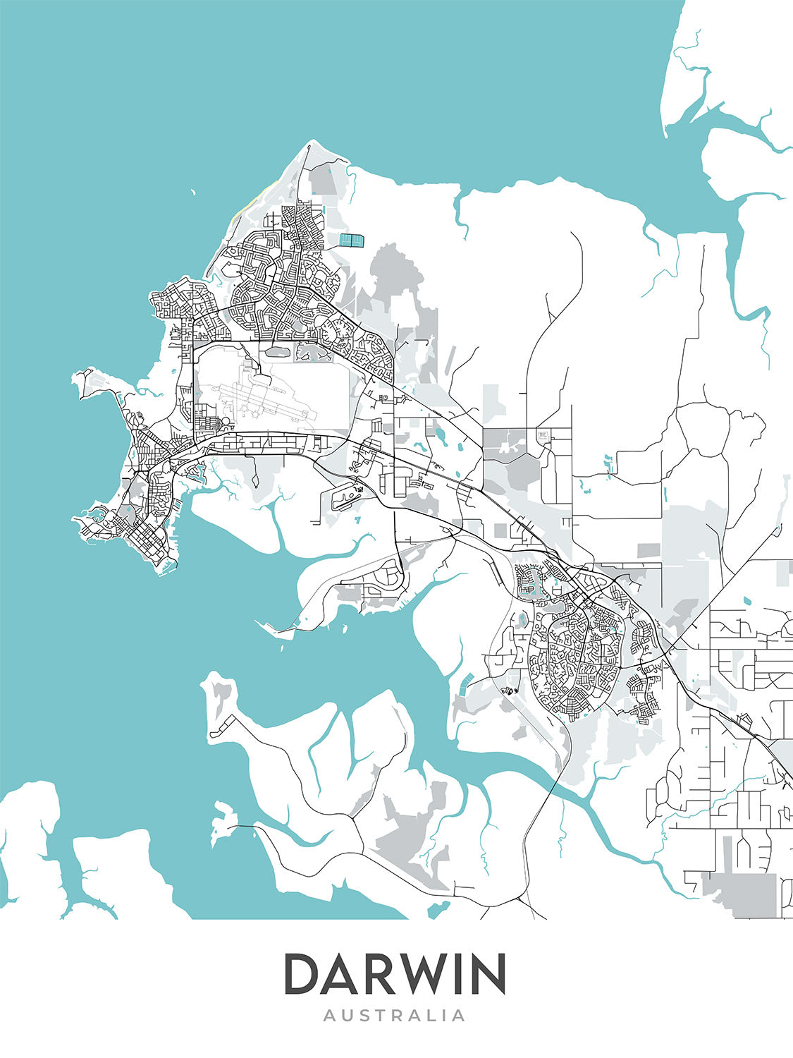 Modern City Map of Darwin, NT: Darwin City, Stuart Hwy, Mindil Beach, Darwin Waterfront, Darwin Botanic Gardens