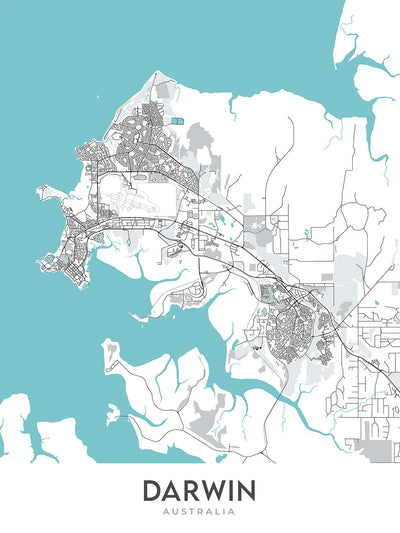 Modern City Map of Darwin, NT: Darwin City, Stuart Hwy, Mindil Beach, Darwin Waterfront, Darwin Botanic Gardens
