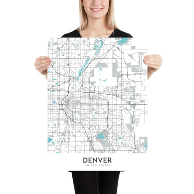 Moderne Stadtkarte von Denver, CO: Red Rocks, Stadtpark, Larimer Sq, Highlands, Capitol Hill 
