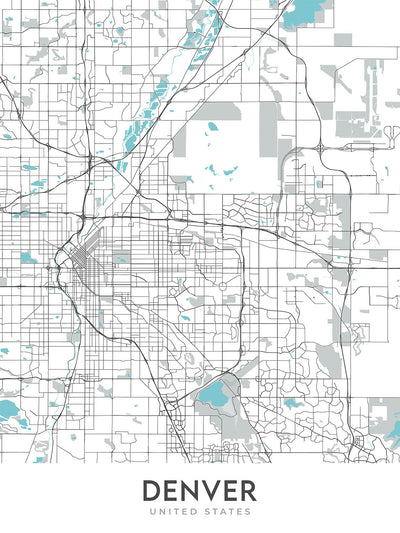 Moderne Stadtkarte von Denver, CO: Red Rocks, Stadtpark, Larimer Sq, Highlands, Capitol Hill 