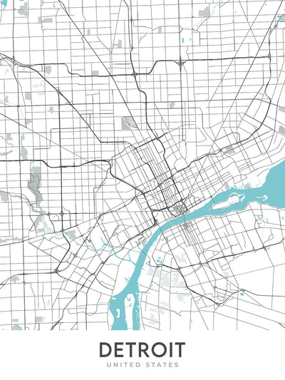 Mapa moderno de la ciudad de Detroit, MI: centro, Belle Isle, Corktown, Museo Motown, Woodward Ave
