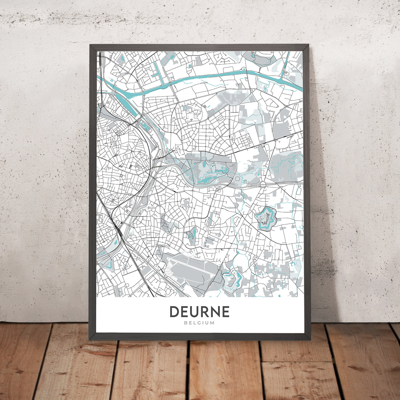 Mapa moderno de la ciudad de Deurne, Bélgica: Ayuntamiento, parque Rivierenhof, complejo deportivo Luchtbal, A12, N13