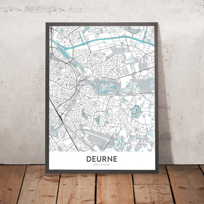 Mapa moderno de la ciudad de Deurne, Bélgica: Ayuntamiento, parque Rivierenhof, complejo deportivo Luchtbal, A12, N13