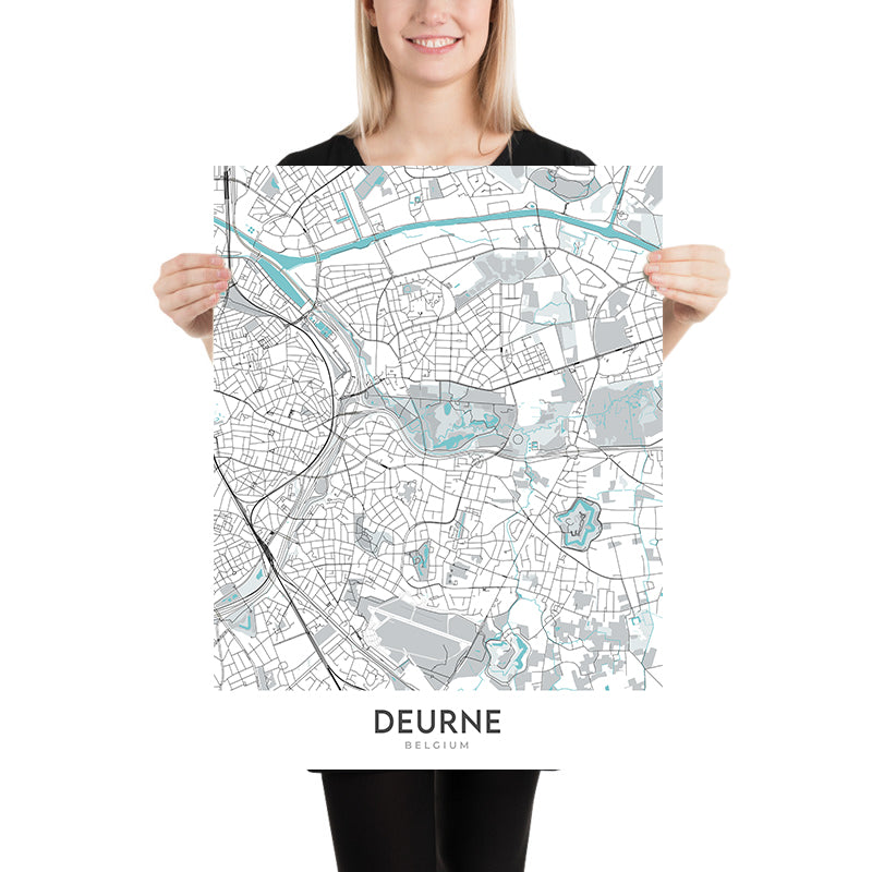 Mapa moderno de la ciudad de Deurne, Bélgica: Ayuntamiento, parque Rivierenhof, complejo deportivo Luchtbal, A12, N13
