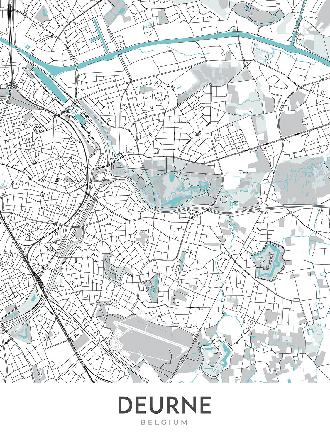Mapa moderno de la ciudad de Deurne, Bélgica: Ayuntamiento, parque Rivierenhof, complejo deportivo Luchtbal, A12, N13