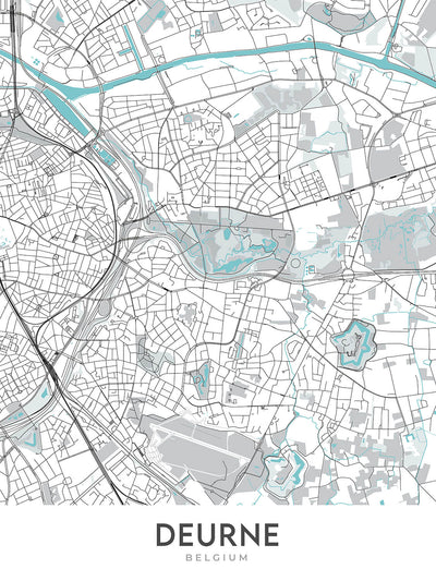 Mapa moderno de la ciudad de Deurne, Bélgica: Ayuntamiento, parque Rivierenhof, complejo deportivo Luchtbal, A12, N13